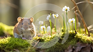 Bank vole in spring forest. The bank vole (Clethrionomys glareolus) is a small vole. generative ai