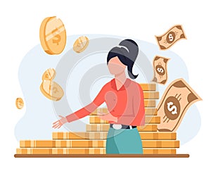 Banker offering loan. Investor or entrepreneur getting income. Woman with heap of cash, sack and wallet. Vector illustration for f