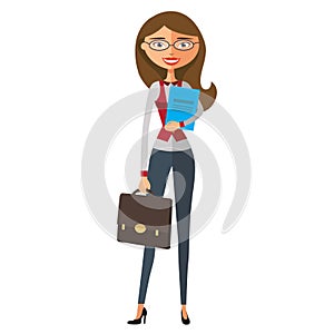 Banker woman with glasses. Office worker is ready to work with spectacles. Woman secretary. Vector flat cartoon illustration.