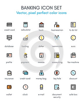 Banking and acounting theme line icon set.