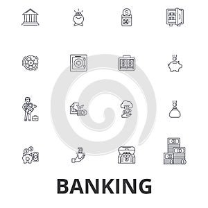 Banking, ank building, finance, money, banker, piggy bank, business, credit card line icons. Editable strokes. Flat