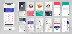 Banking app ui kit for responsive mobile app or website with different layout.