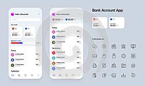 Banking App User Interface UI for Smartphones with Extra Set of Icons. Finance Investment Tools. Vector