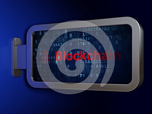 Banking concept: Blockchain and Money Bag on billboard background