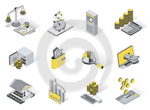 Banking and finance 3d isometric icons set.