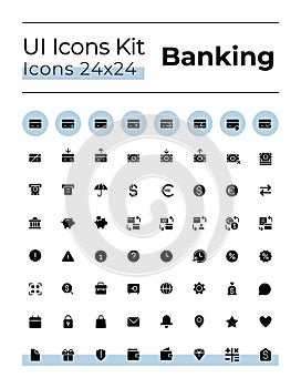 Banking and finance black glyph ui icons set
