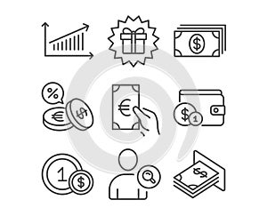 Banking, Finance and Chart icons. Surprise gift, Currency exchange and Usd coins signs.