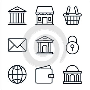 Banking and finance line icons. linear set. quality vector line set such as bank, wallet, internet, lock, bank, email, shopping
