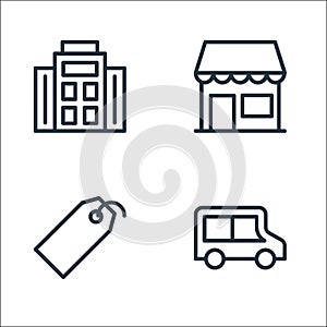 banking and finance line icons. linear set. quality vector line set such as delivery van, price tag, shopping store