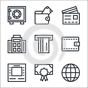 banking and finance line icons. linear set. quality vector line set such as internet, certificate, atm machine, wallet, atm