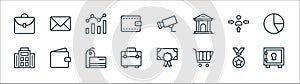 banking and finance line icons. linear set. quality vector line set such as vault, shopping cart, portfolio, building, manager,