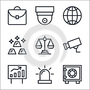 Banking and finance line icons. linear set. quality vector line set such as vault, siren, growth chart, cctv camera, balance scale