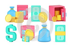 Banking financial cash money safe storage protective rich secure investment set 3d icon vector