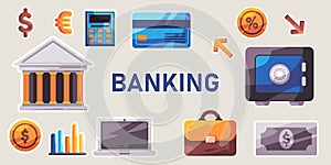 Banking financial economy sector icon set sticker illustration of finance worker symbol of wealth and money