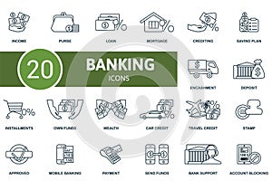 Banking icon outline set. Line Banking icon collection. Income, Purse, Loan, Mortgage, Crediting, Mobile Banking