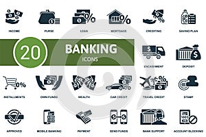 Banking icon set. Monochrome simple Banking icon collection. Income, Purse, Loan, Mortgage, Crediting, Mobile Banking