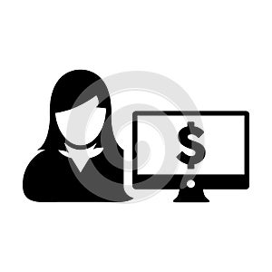 Banking icon vector female user person profile avatar with computer monitor and dollar sign currency money symbol for bank