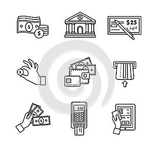 Banking icons thin line art set. Currency