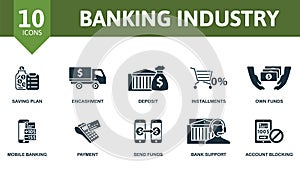 Banking Industry icon set. Monochrome simple Banking Industry icon collection. Saving Plan, Encashment, Deposit