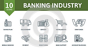 Banking Industry icon set. Monochrome simple Banking Industry icon collection. Saving Plan, Encashment, Deposit