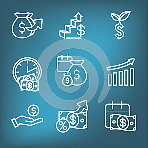 Banking, Investments and Growth Icon Set with Dollar Symbols, etc