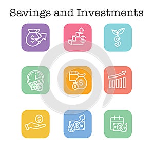 Banking, Investments and Growth Icon Set with Dollar Symbols, etc