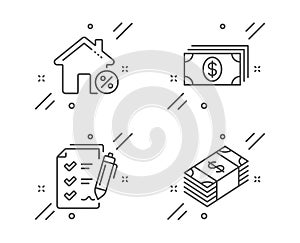 Banking, Loan house and Survey checklist icons set. Usd currency sign. Money payment, Discount percent, Report. Vector