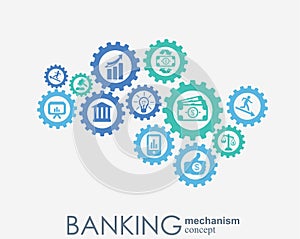 Banking mechanism. Abstract background with connected gears and integrated flat icons. symbols for money, card, bank