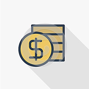 Banking, money, dollar coins thin line flat color icon. Linear vector symbol. Colorful long shadow design.