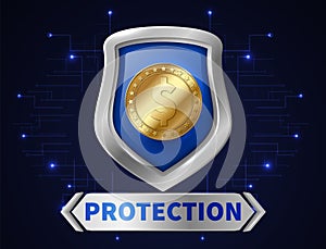 Banking money protection. Golden coin in realistic shield, save your money. Safety of financial investments vector