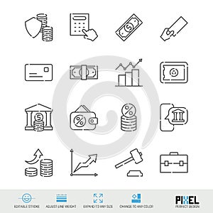 Banking and money related vector line icon set isolated on white