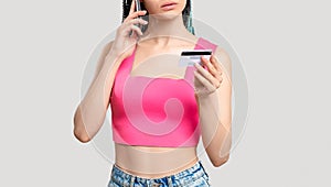 Banking operation credit card verification woman