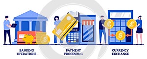 Banking operations, payment processing, currency exchange concept with tiny people. Financial services abstract vector