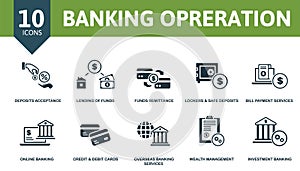 Banking Operations set icon. Contains banking operations illustrations such as lending of funds, lockers safe deposits