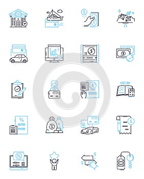 Banking services linear icons set. Deposits, Withdrawals, Loans, Mortgages, Investments, Savings, Checking line vector