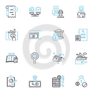 Banking services linear icons set. Deposits, Withdrawals, Loans, Mortgages, Investments, Savings, Checking line vector