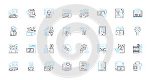 Banking services linear icons set. Deposits, Withdrawals, Loans, Mortgages, Investments, Savings, Checking line vector