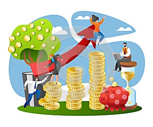 Banking success in financial money growth, coin investment profit concept, vector illustration. Man woman people