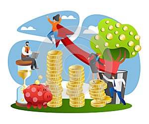 Banking success in financial money growth, coin investment profit concept, vector illustration. Man woman people