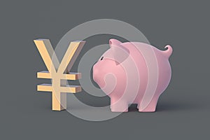Banking system. Yuan, yen symbol near piggy bank. Budget concept. Paying taxes