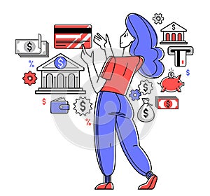 Banking vector outline illustration, manager girl working with finances or customer manages her account with deposit or credit,