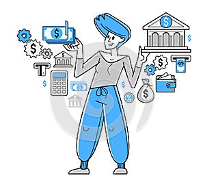 Banking vector outline illustration, manager working with finances or customer manages her account with deposit or credit,