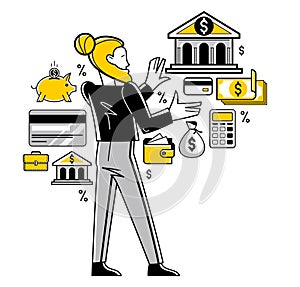 Banking vector outline illustration, manager working with finances or customer manages his account with deposit or credit,