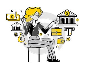 Banking vector outline illustration, woman manager working with finances or customer manages her account with deposit or credit,