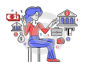 Banking vector outline illustration, woman manager working with finances or customer manages her account with deposit or credit,