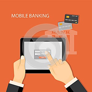 Banking virtual with tablet and credit cards