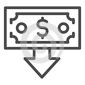 Banknote with arrow down line icon. Finance crisis, spend money symbol, outline style pictogram on white background