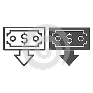 Banknote with arrow down line and solid icon. Finance crisis, spend money symbol, outline style pictogram on white