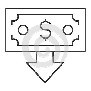 Banknote with arrow down thin line icon. Finance crisis, spend money symbol, outline style pictogram on white background