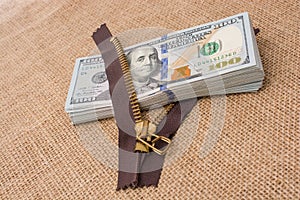 Banknote bundle of US dollar and brown zipper